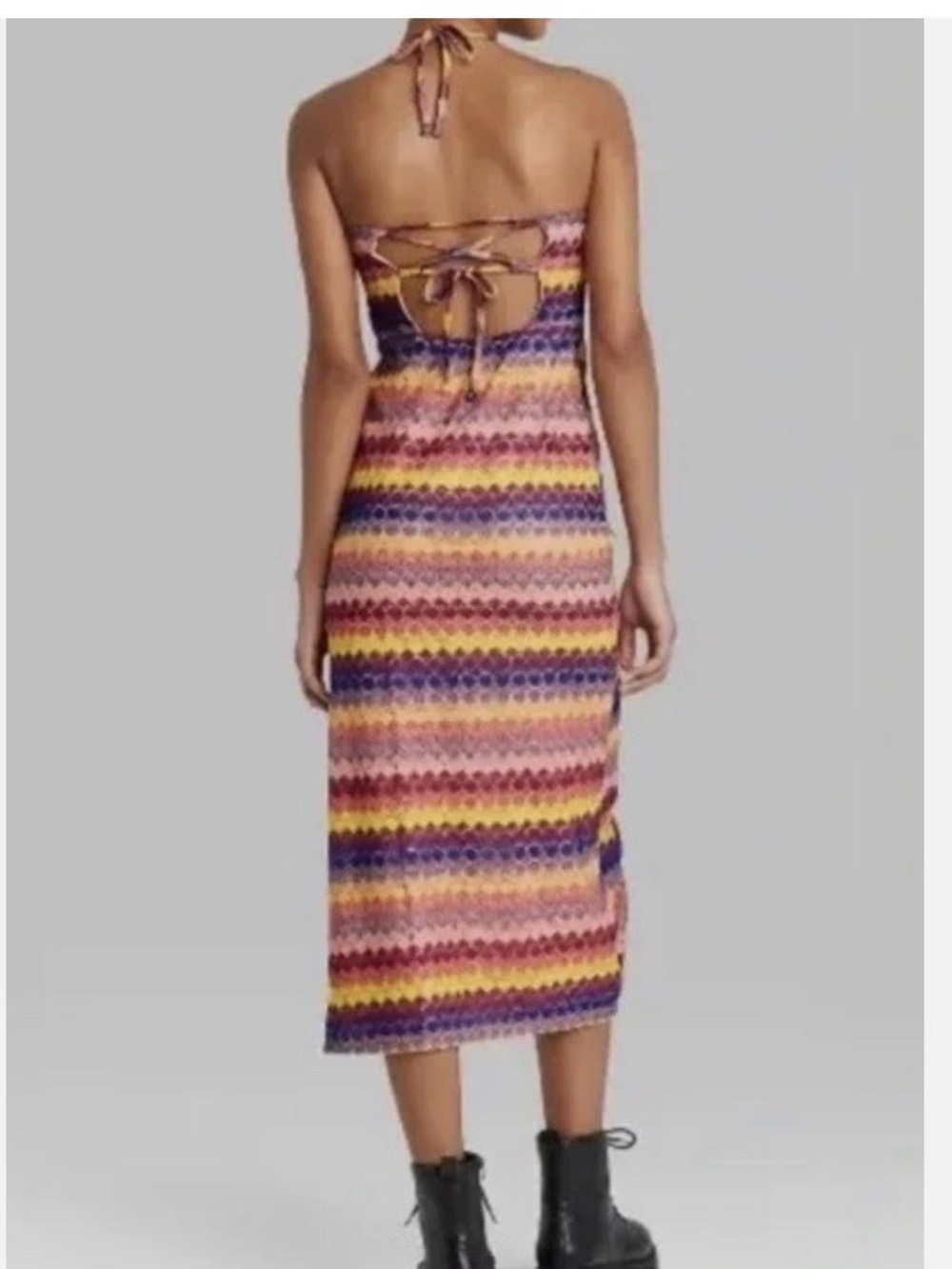Wild Fable Peach Crochet Style Halter Dress with Multicolor Trim - Size Medium - Picture 3 of 12